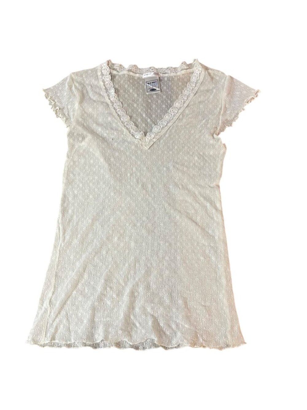 Old Navy Vintage Y2K Sheer Lace Baby Tee Sz SM Dainty Lettuce Hem Coquette